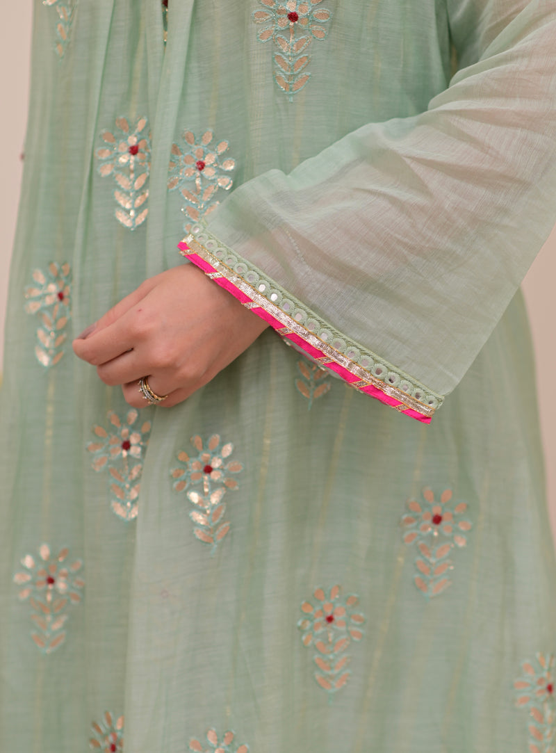 Turquoise Gotapatti Handwork Mul Chanderi A Line Suit