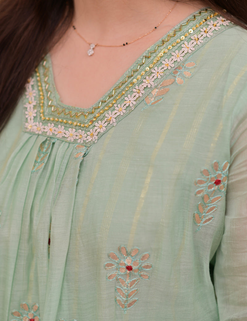 Turquoise Gotapatti Handwork Mul Chanderi A Line Suit
