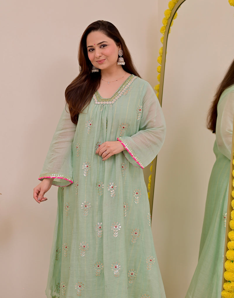Turquoise Gotapatti Handwork Mul Chanderi A Line Suit