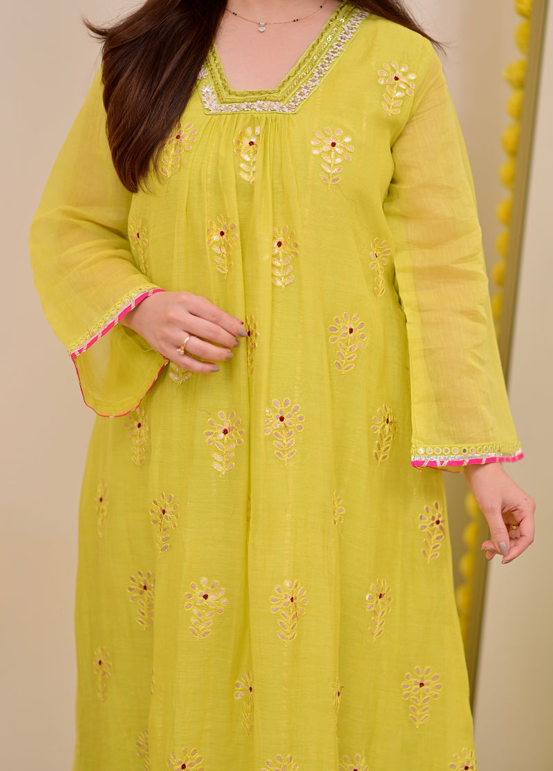 Lemon Zest Gotapatti Handwork Mul Chanderi A Line Suit
