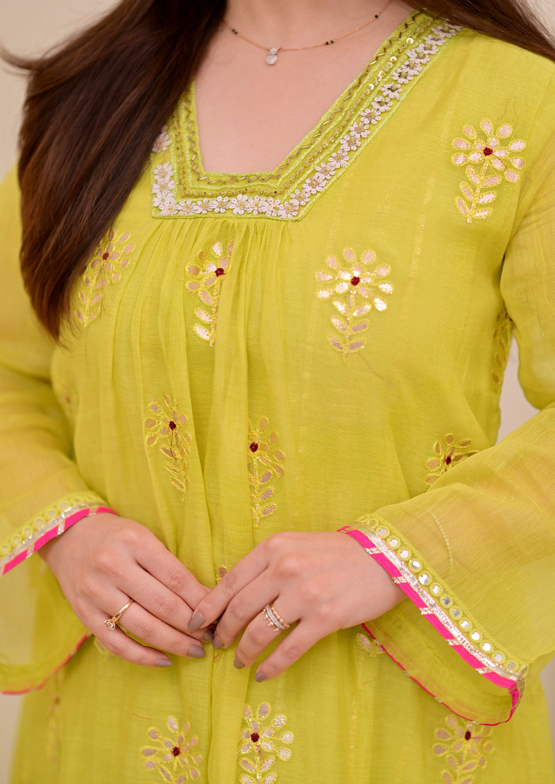Lemon Zest Gotapatti Handwork Mul Chanderi A Line Suit