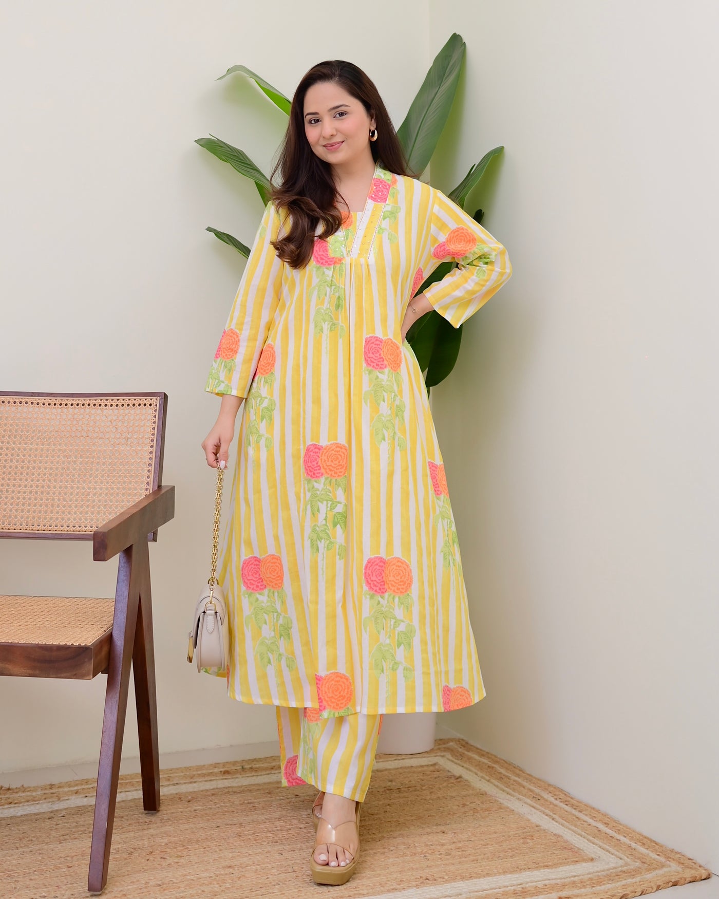 Yellow Lines Floral Cotton A Line Kurta Set