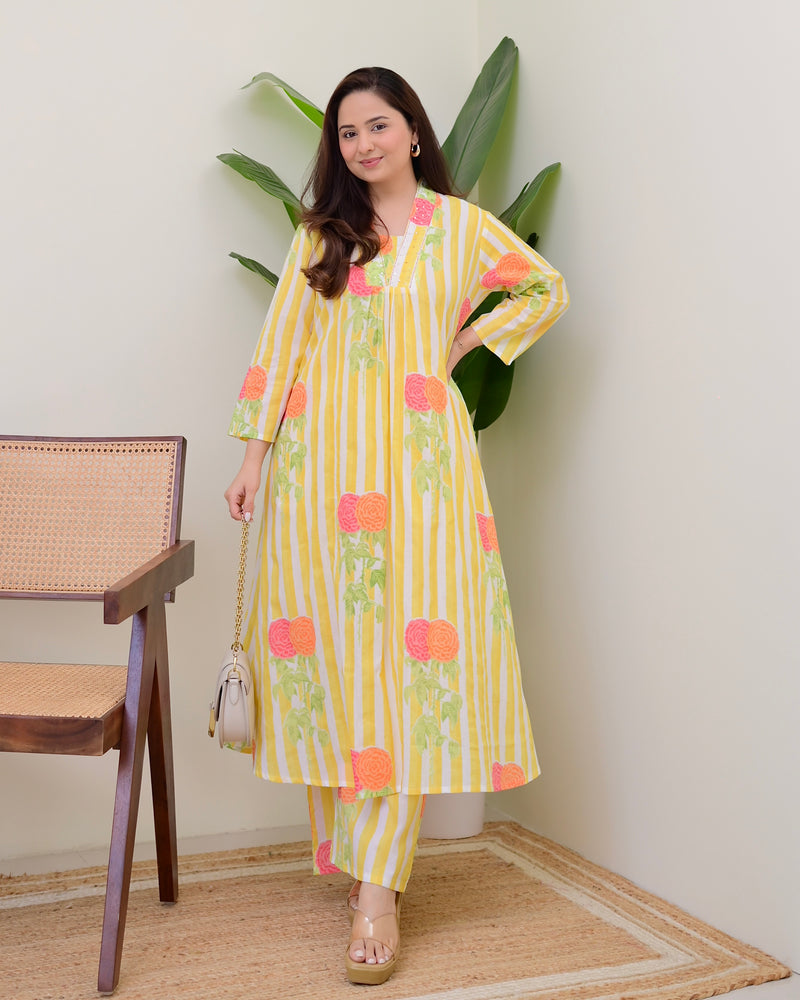 Yellow Lines Floral Cotton A Line Kurta Set