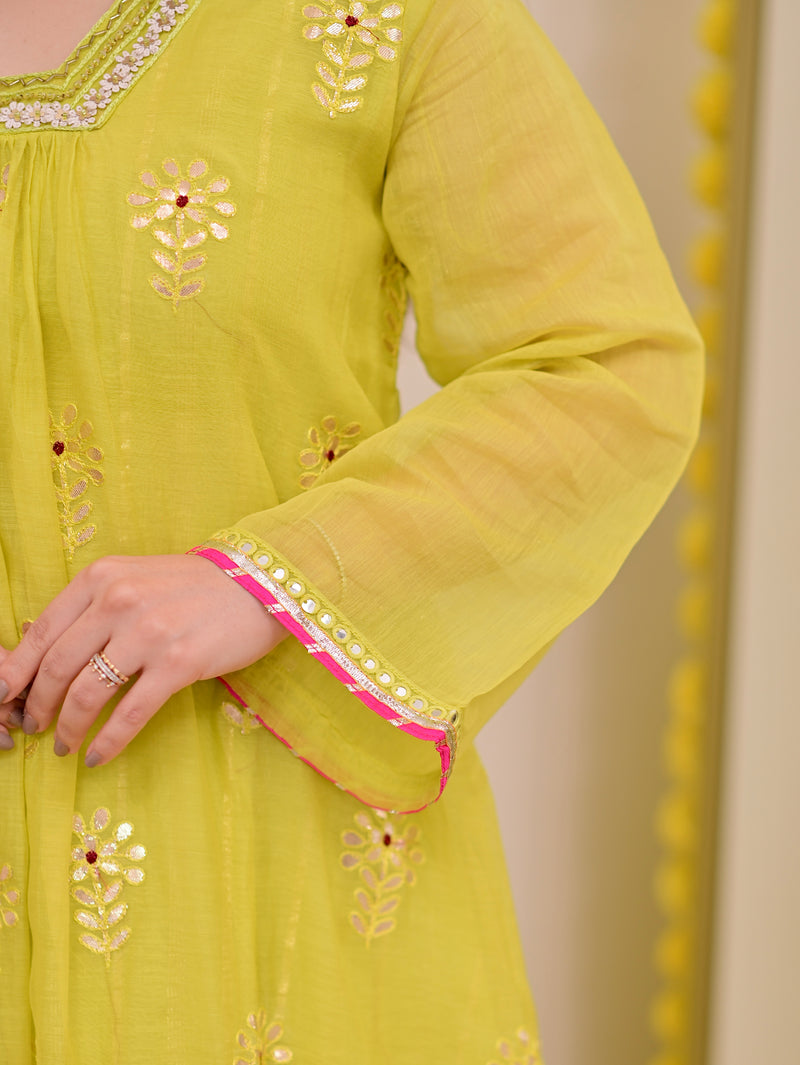 Lemon Zest Gotapatti Handwork Mul Chanderi A Line Suit