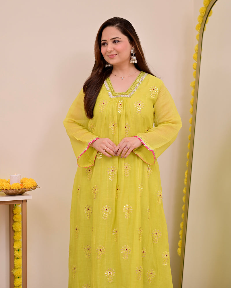 Lemon Zest Gotapatti Handwork Mul Chanderi A Line Suit