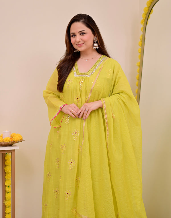 Lemon Zest Gotapatti Handwork Mul Chanderi A Line Suit