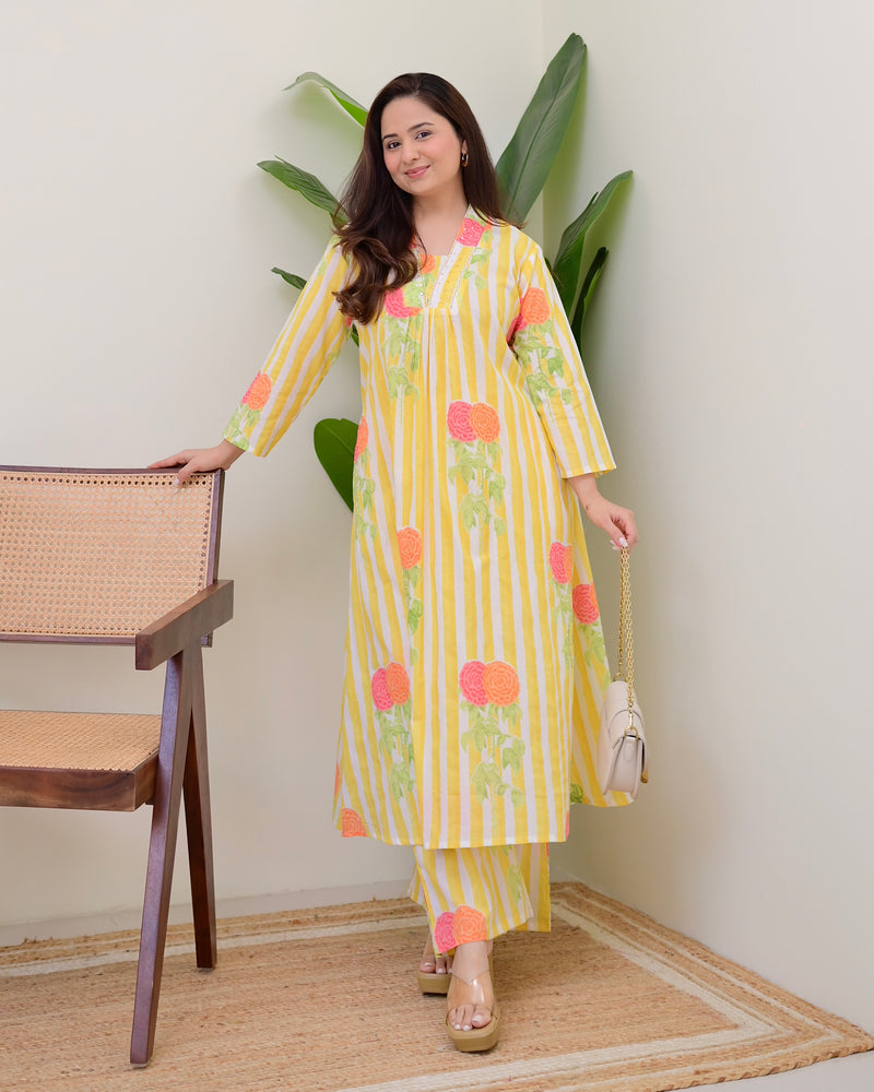 Yellow Lines Floral Cotton A Line Kurta Set