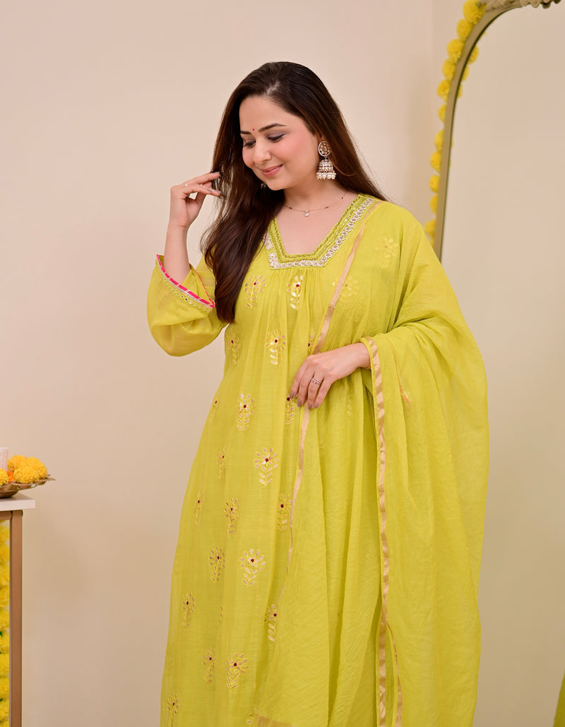 Lemon Zest Gotapatti Handwork Mul Chanderi A Line Suit