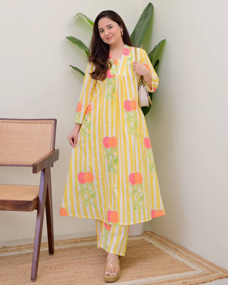Yellow Lines Floral Cotton A Line Kurta Set