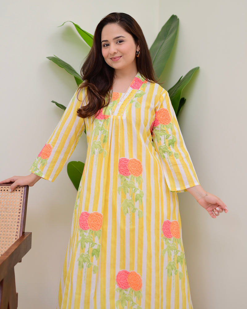 Yellow Lines Floral Cotton A Line Kurta Set