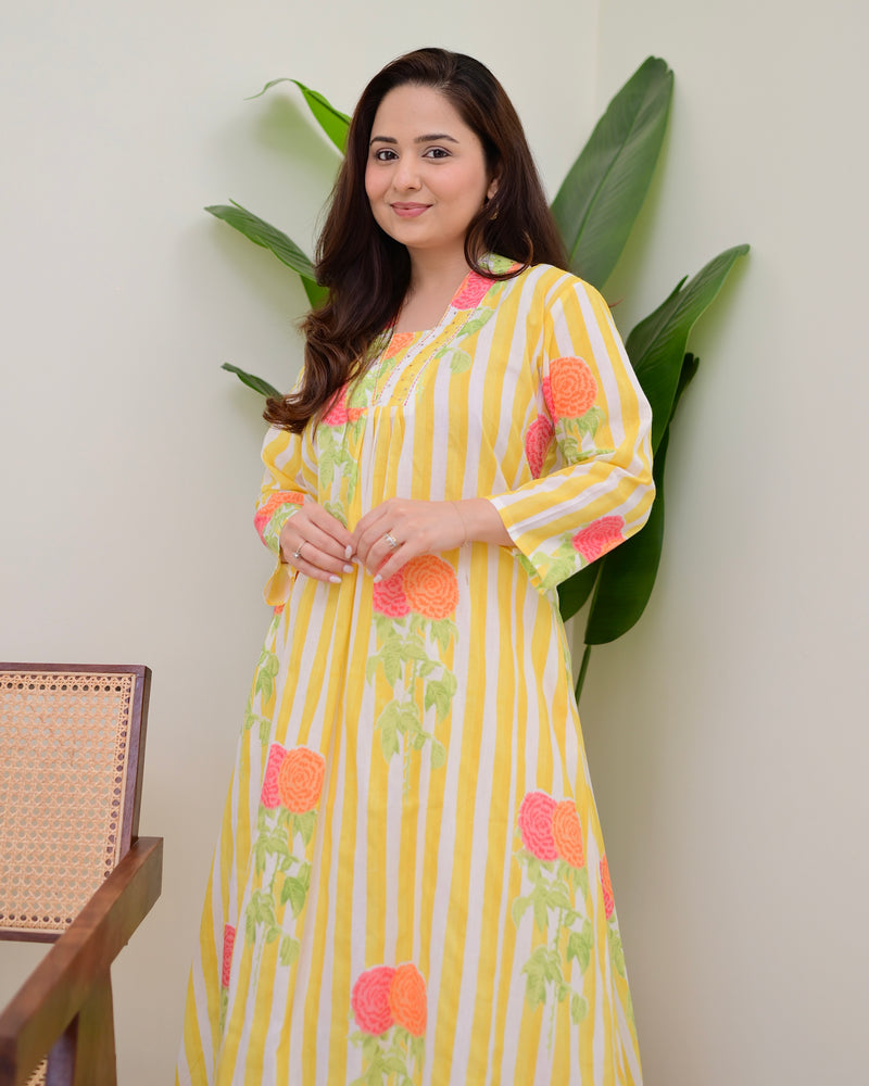 Yellow Lines Floral Cotton A Line Kurta Set