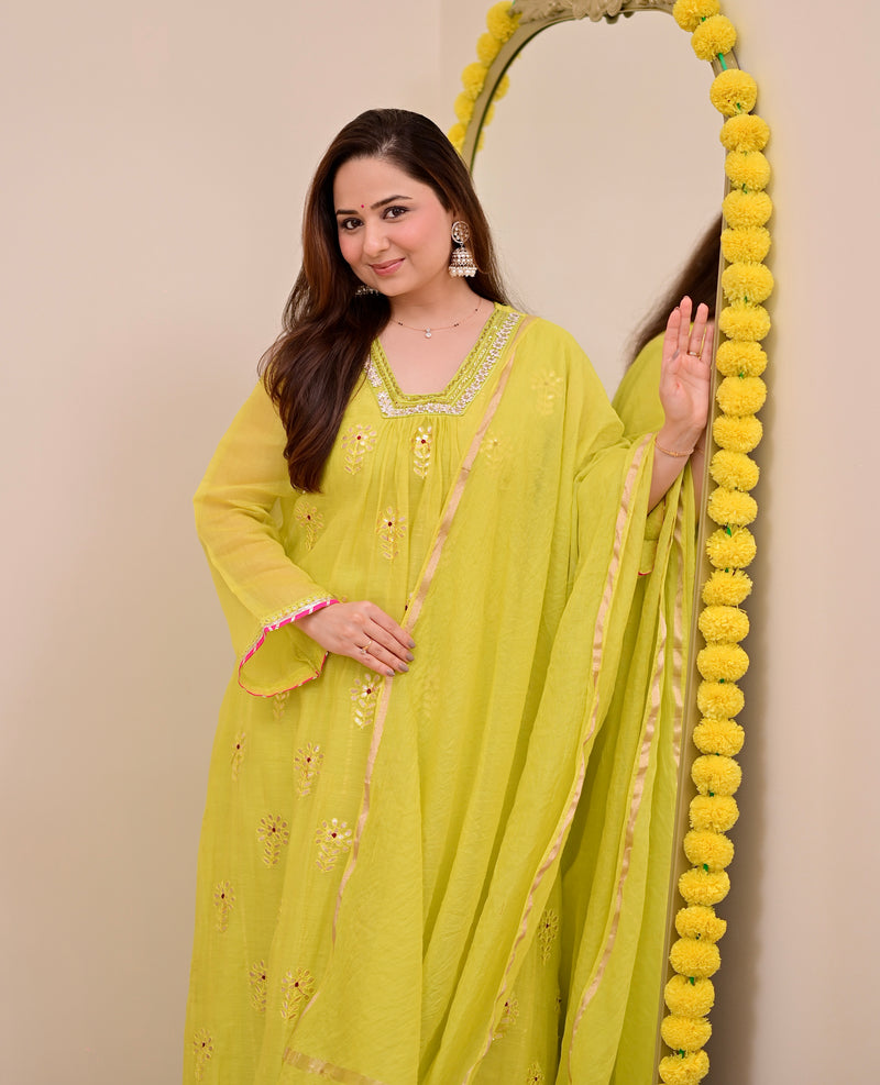 Lemon Zest Gotapatti Handwork Mul Chanderi A Line Suit