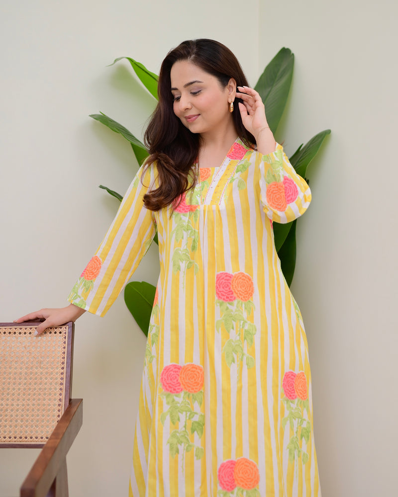 Yellow Lines Floral Cotton A Line Kurta Set