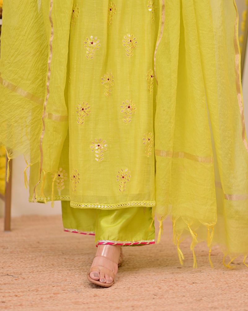 Lemon Zest Gotapatti Handwork Mul Chanderi A Line Suit