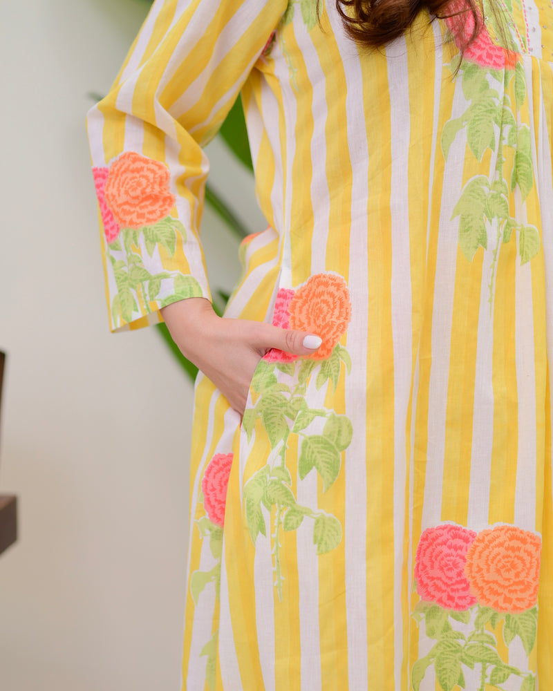Yellow Lines Floral Cotton A Line Kurta Set