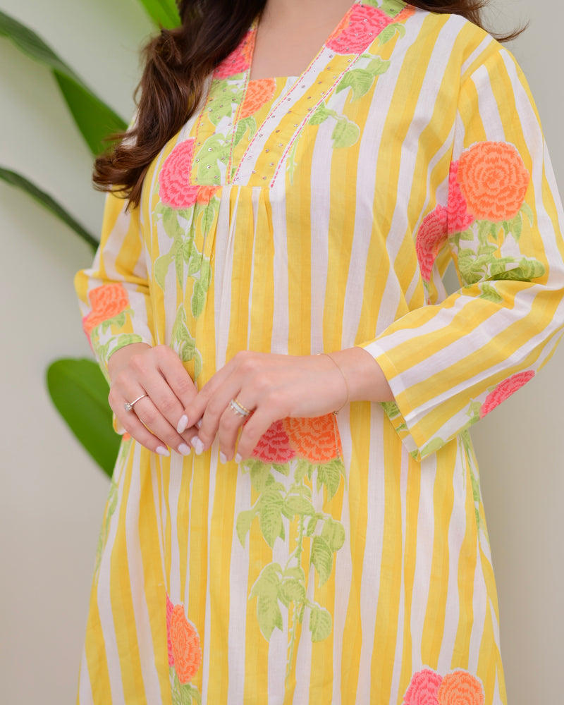 Yellow Lines Floral Cotton A Line Kurta Set