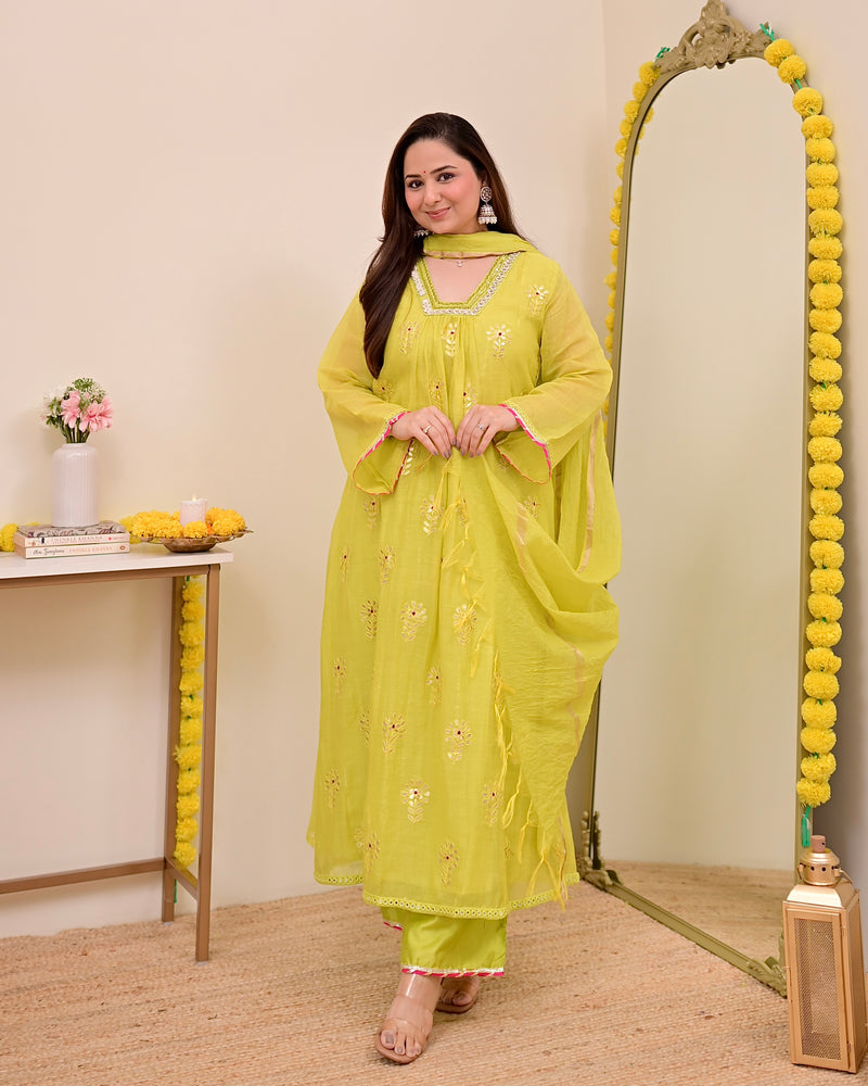 Lemon Zest Gotapatti Handwork Mul Chanderi A Line Suit