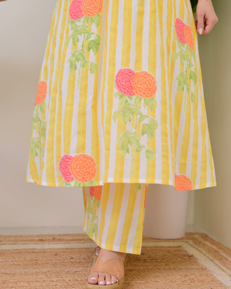 Yellow Lines Floral Cotton A Line Kurta Set