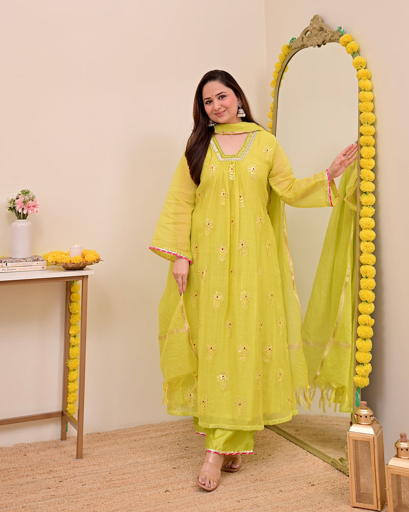 Lemon Zest Gotapatti Handwork Mul Chanderi A Line Suit