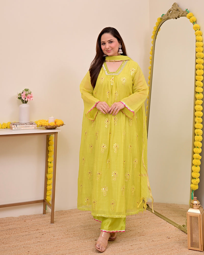 Lemon Zest Gotapatti Handwork Mul Chanderi A Line Suit
