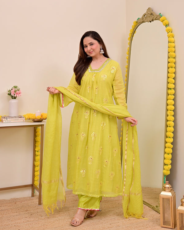Lemon Zest Gotapatti Handwork Mul Chanderi A Line Suit