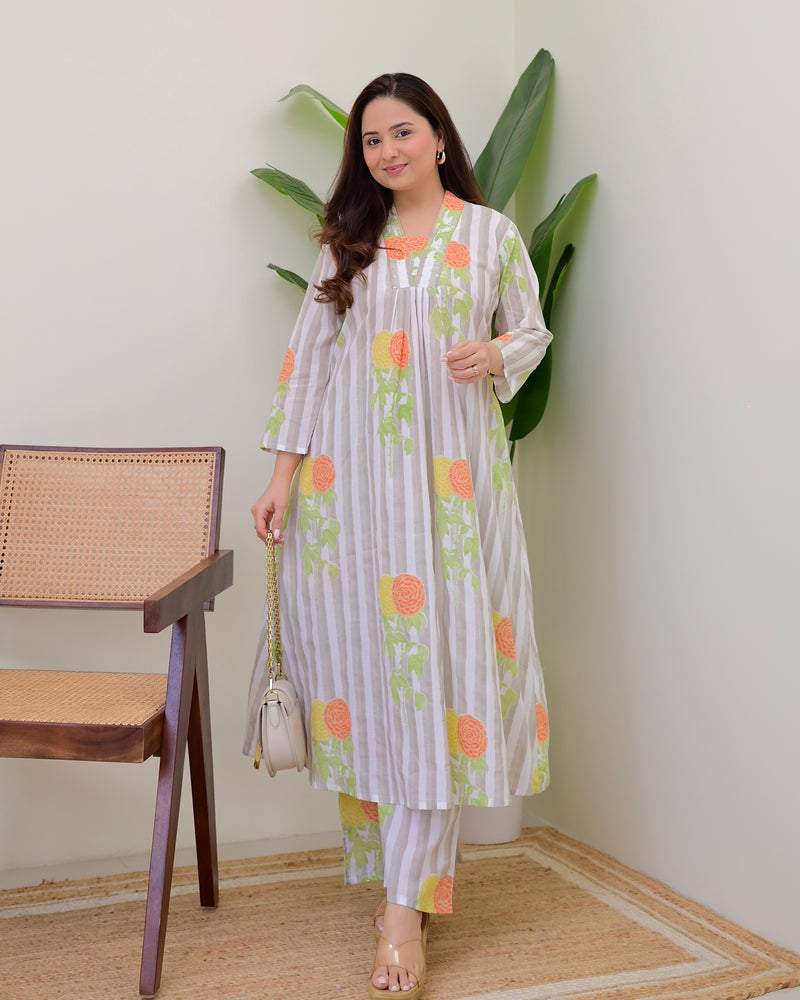 Grey Lines Floral Cotton A Line Kurta Set