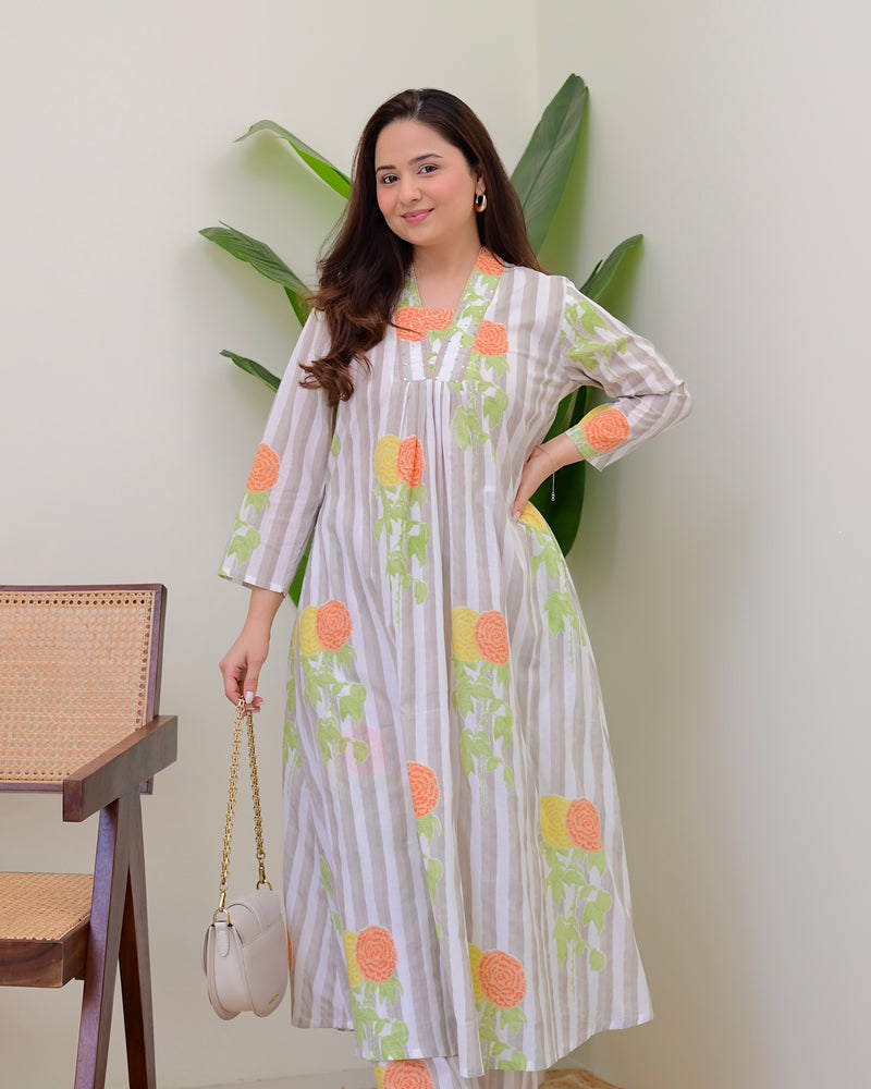 Grey Lines Floral Cotton A Line Kurta Set