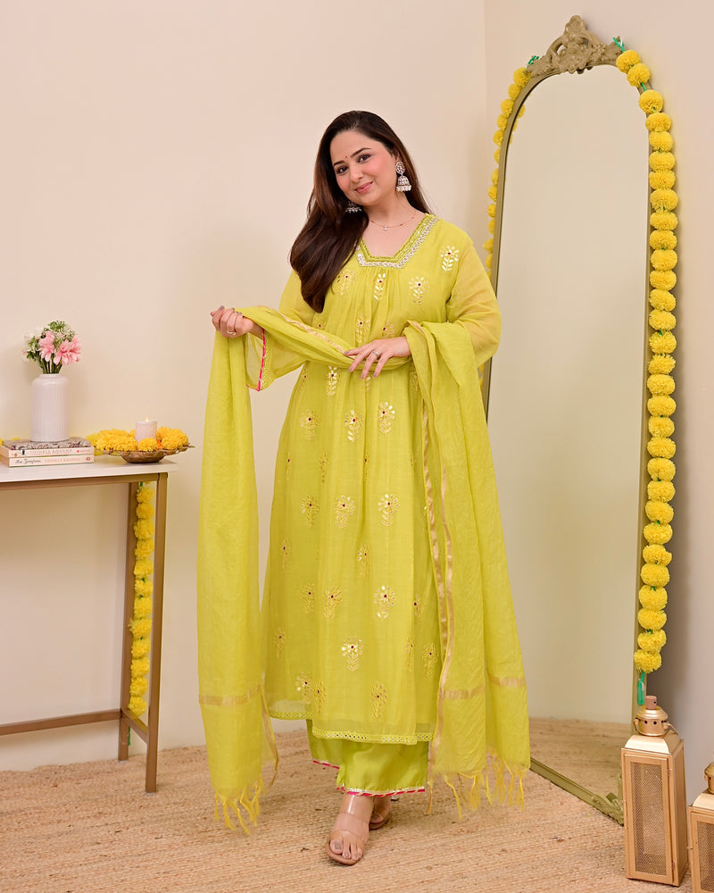 Lemon Zest Gotapatti Handwork Mul Chanderi A Line Suit