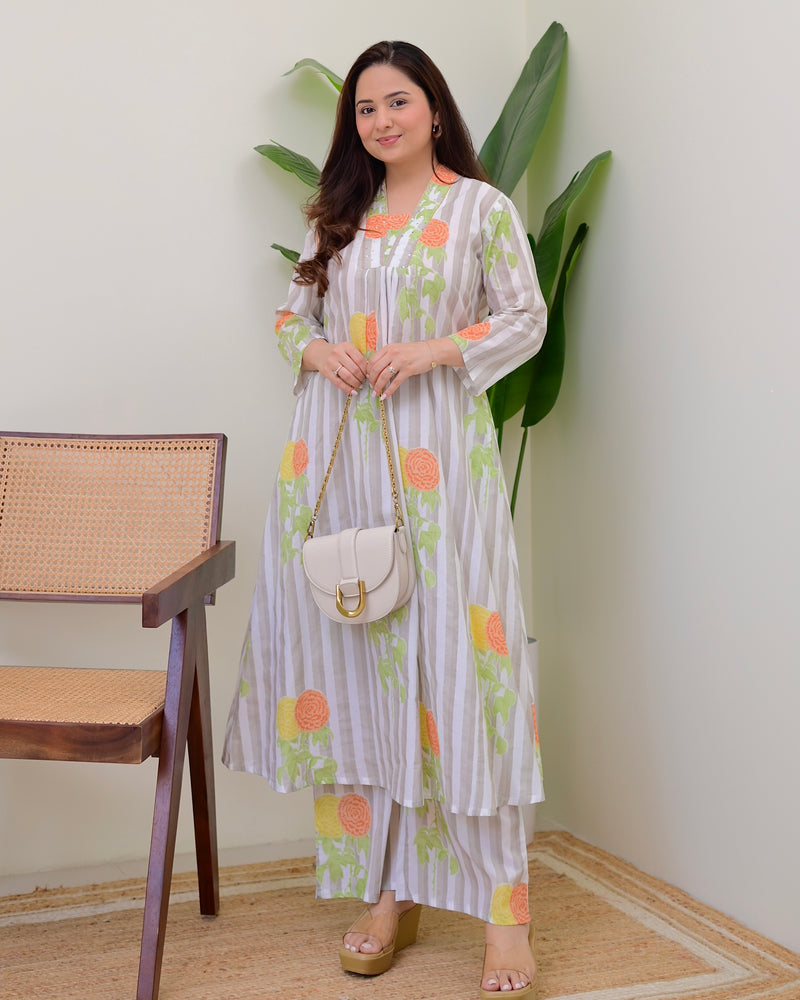 Grey Lines Floral Cotton A Line Kurta Set
