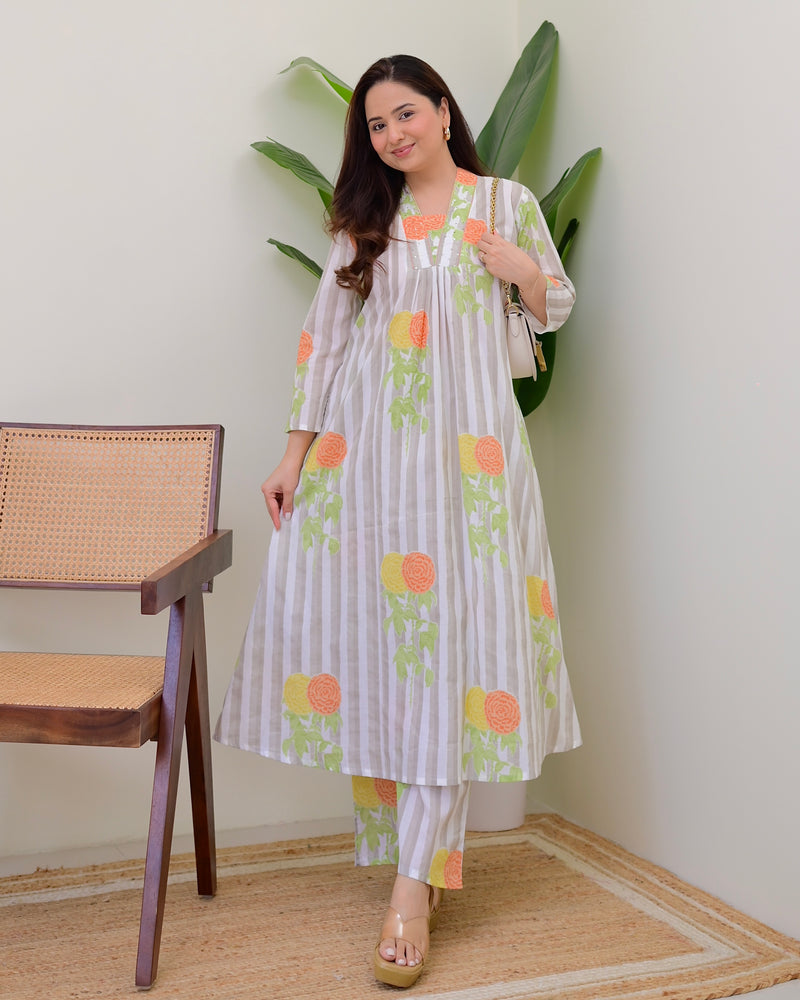 Grey Lines Floral Cotton A Line Kurta Set