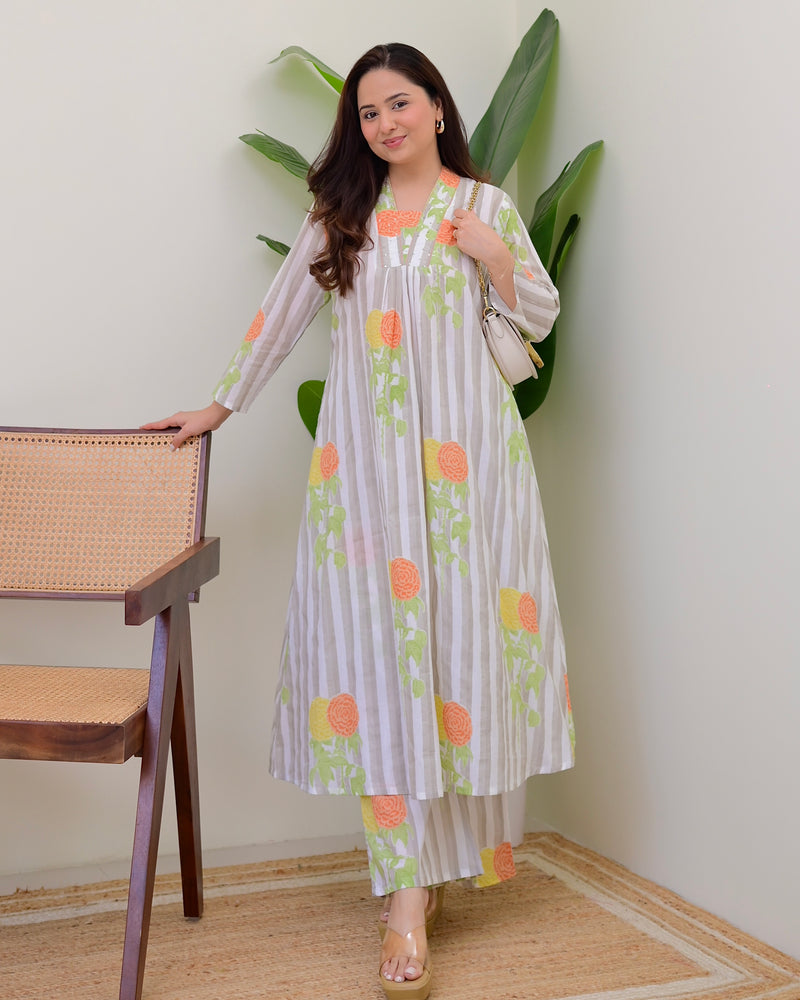 Grey Lines Floral Cotton A Line Kurta Set
