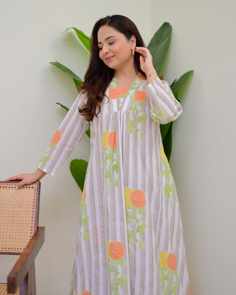 Grey Lines Floral Cotton A Line Kurta Set