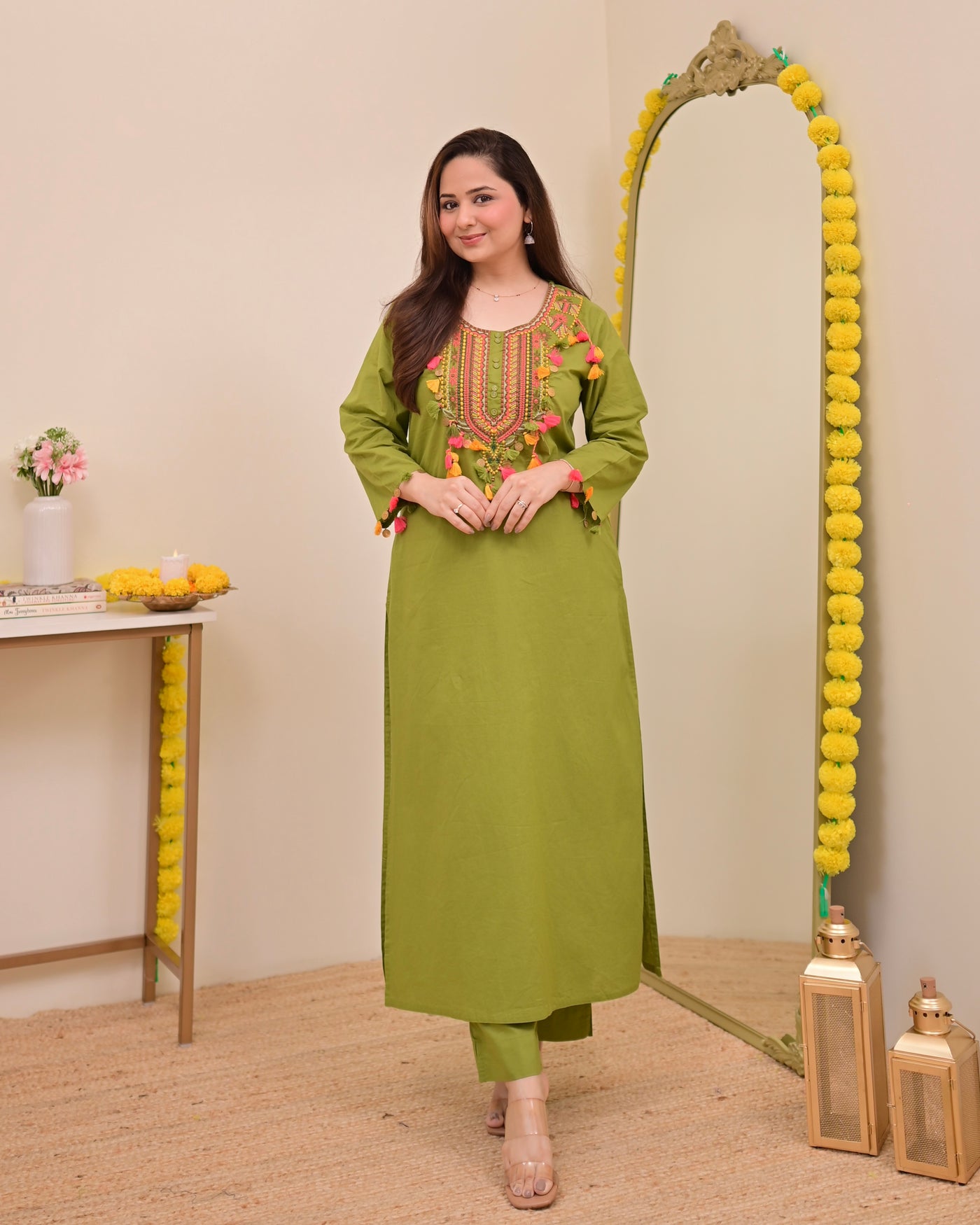 Green Threadwork Tasseled Cotton Kurta Set