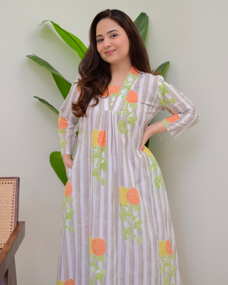 Grey Lines Floral Cotton A Line Kurta Set