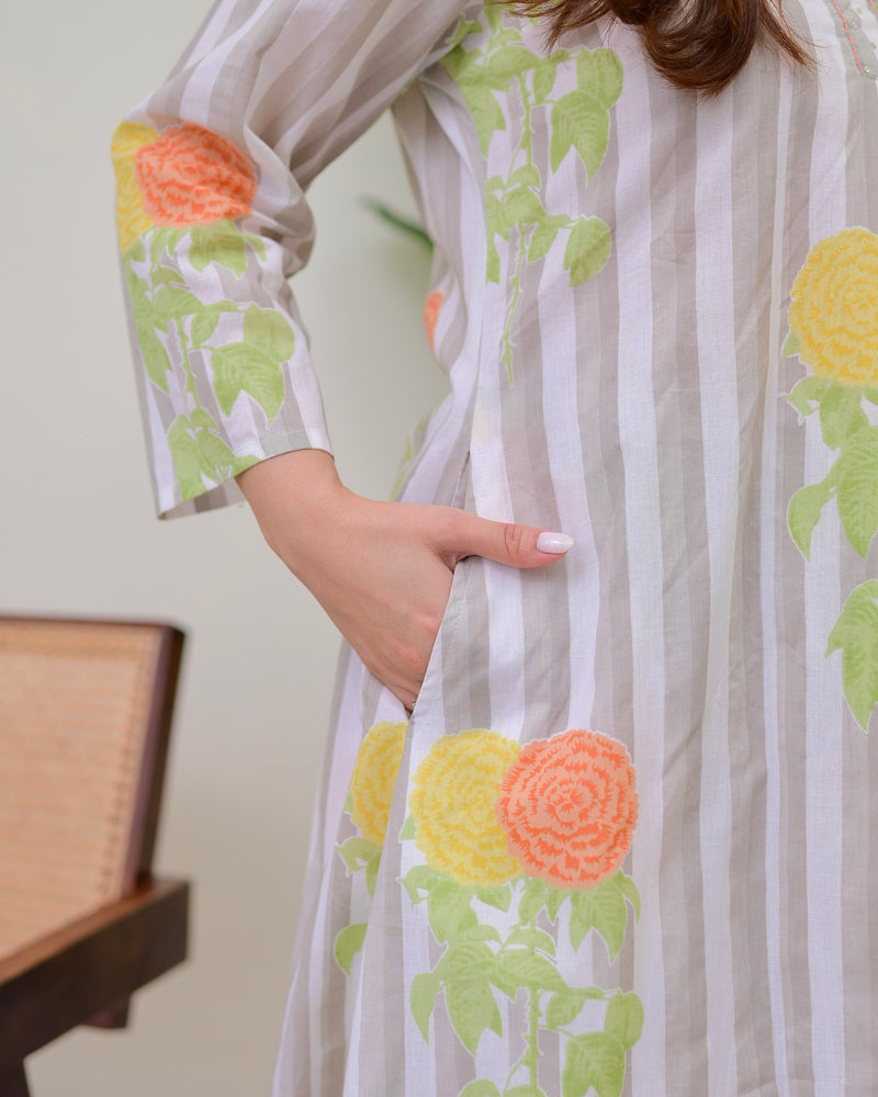 Grey Lines Floral Cotton A Line Kurta Set