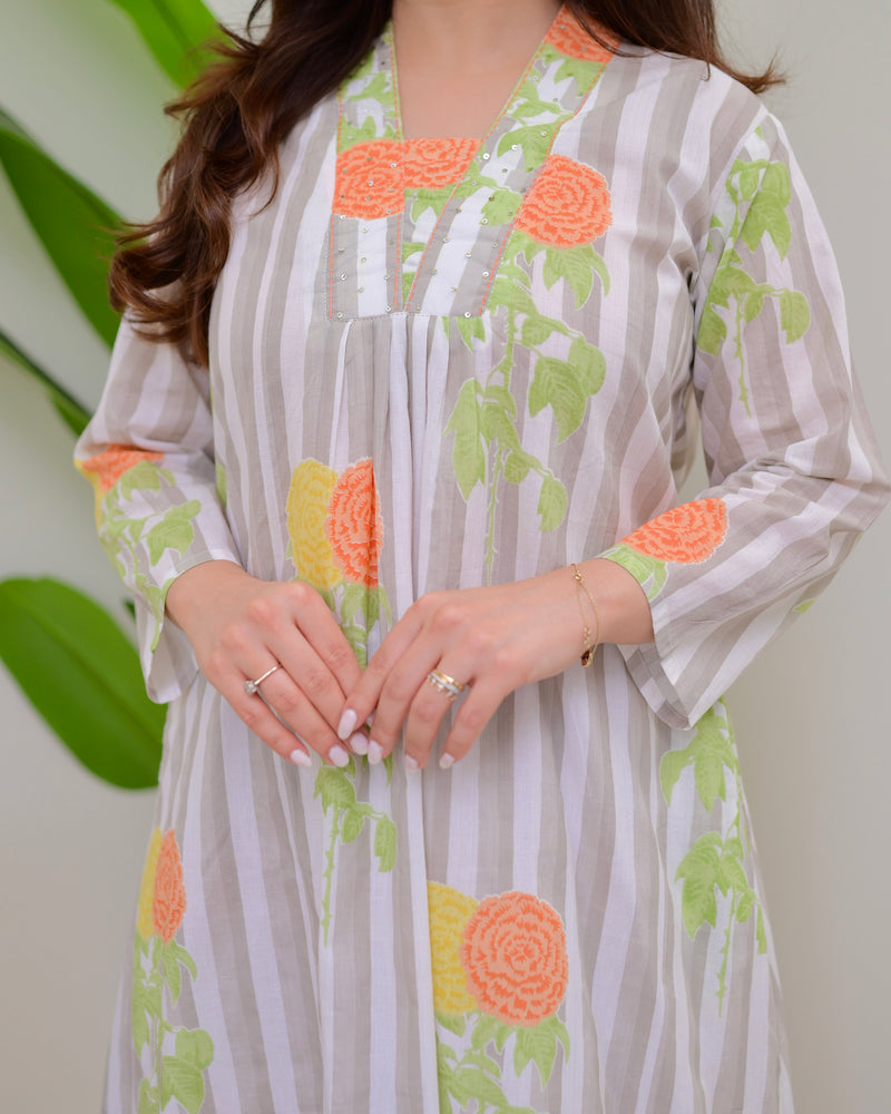 Grey Lines Floral Cotton A Line Kurta Set