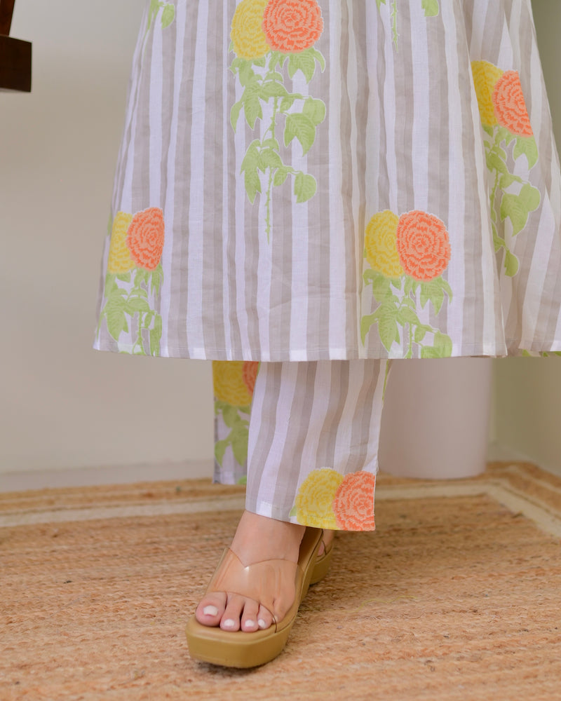 Grey Lines Floral Cotton A Line Kurta Set