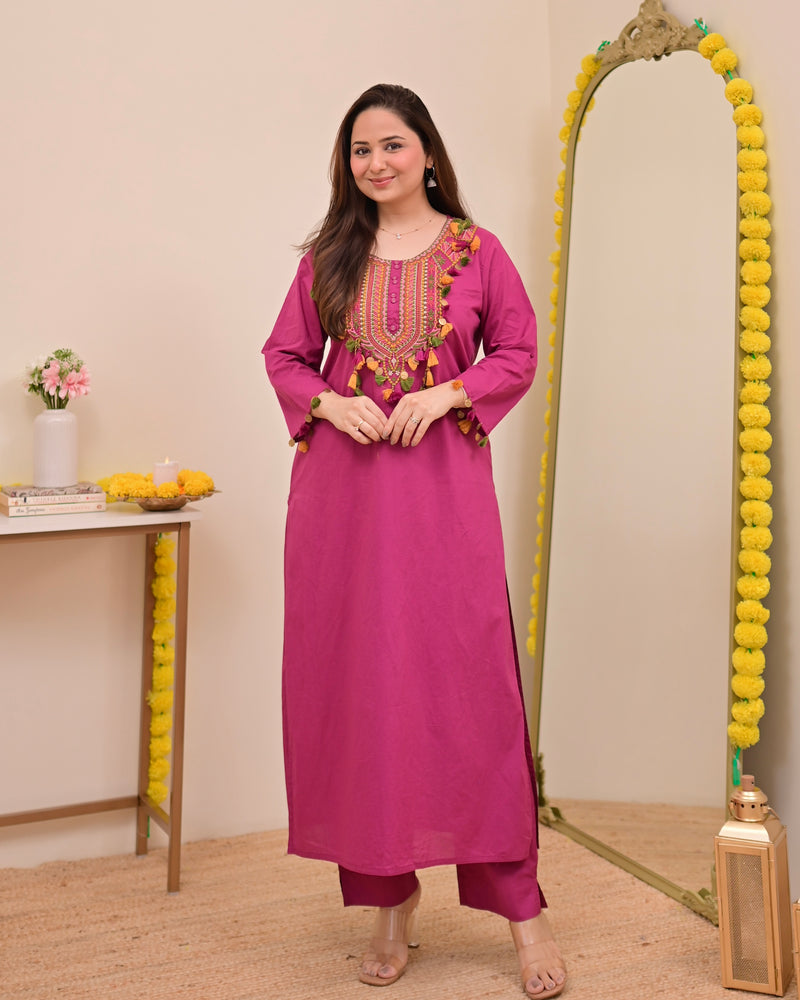Magenta Threadwork Tasseled Cotton Kurta Set