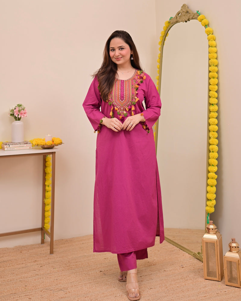 Magenta Threadwork Tasseled Cotton Kurta Set