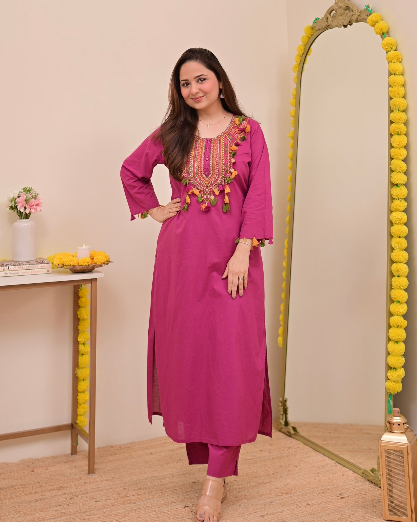 Magenta Threadwork Tasseled Cotton Kurta Set