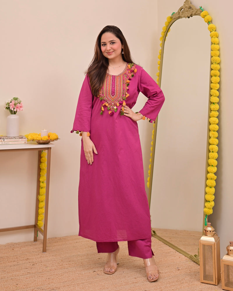 Magenta Threadwork Tasseled Cotton Kurta Set