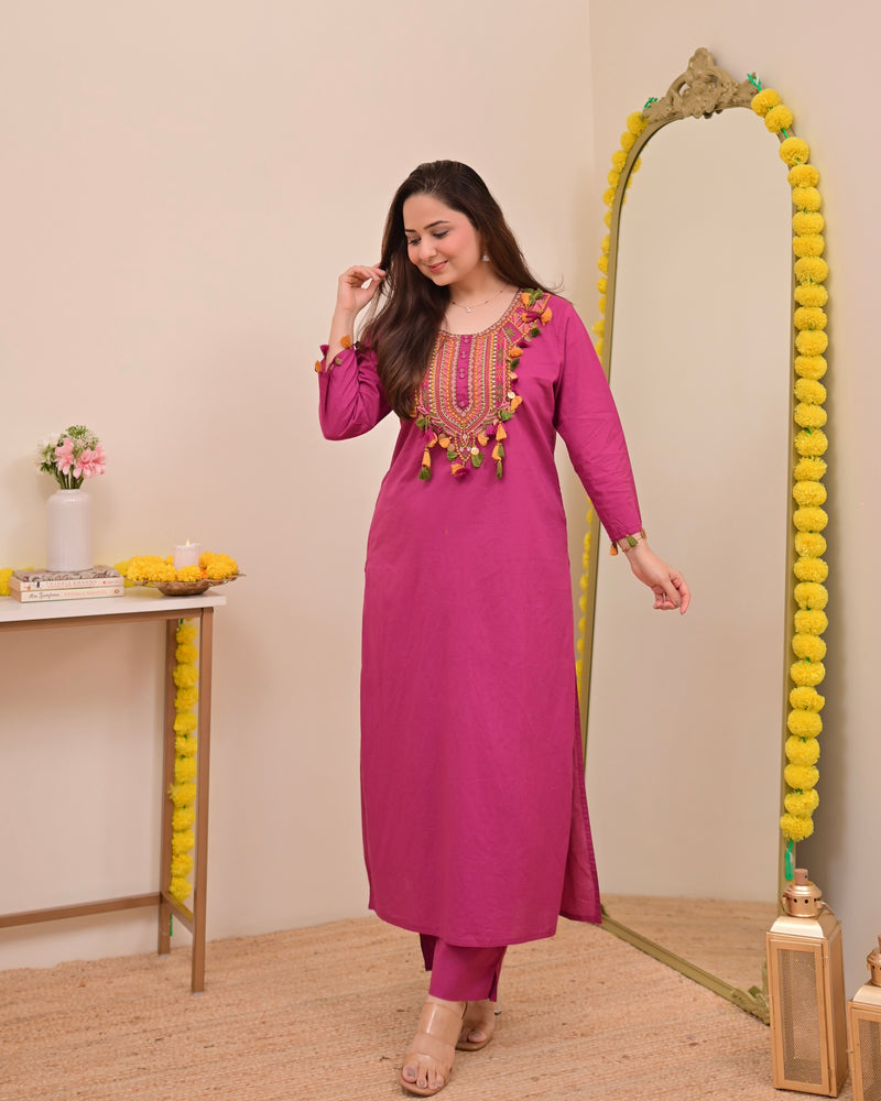 Magenta Threadwork Tasseled Cotton Kurta Set