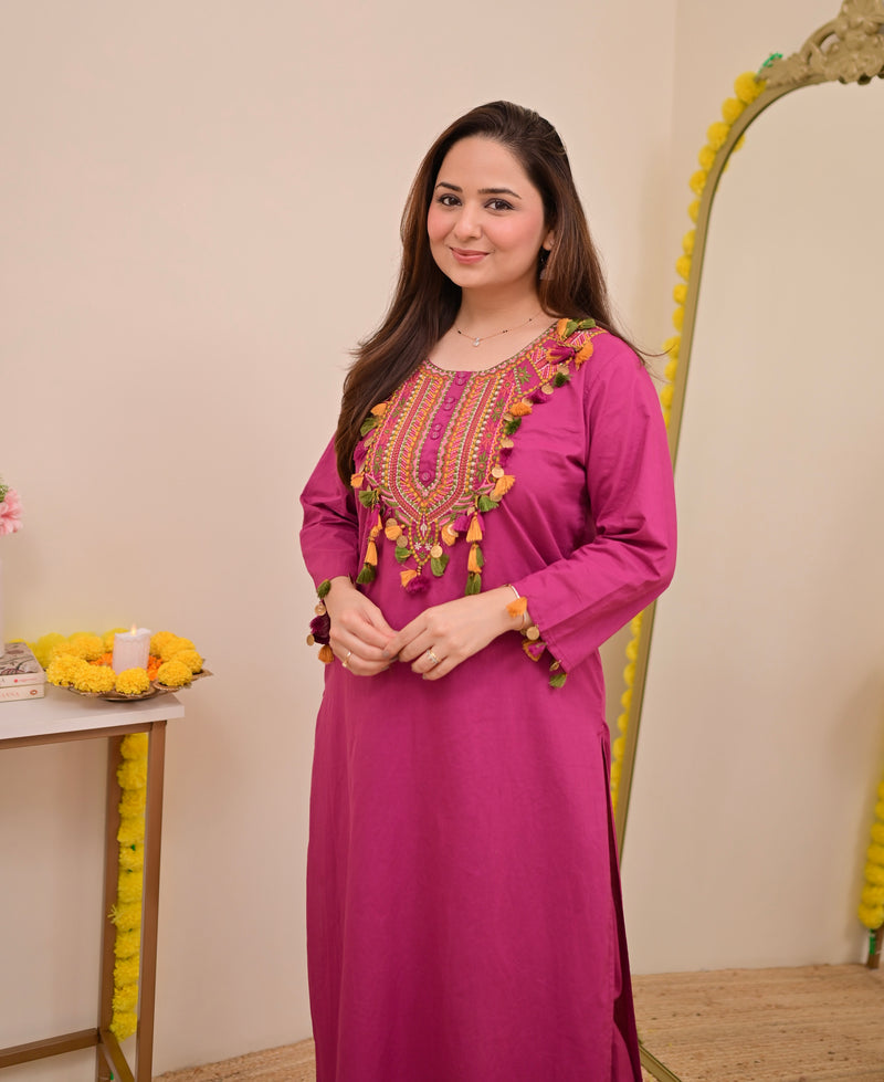 Magenta Threadwork Tasseled Cotton Kurta Set