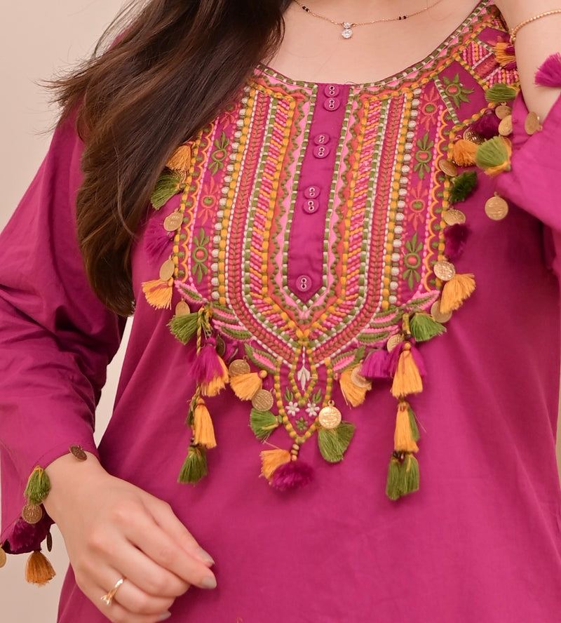 Magenta Threadwork Tasseled Cotton Kurta Set