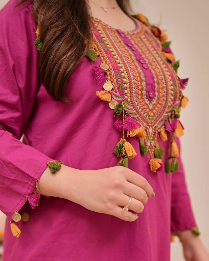 Magenta Threadwork Tasseled Cotton Kurta Set