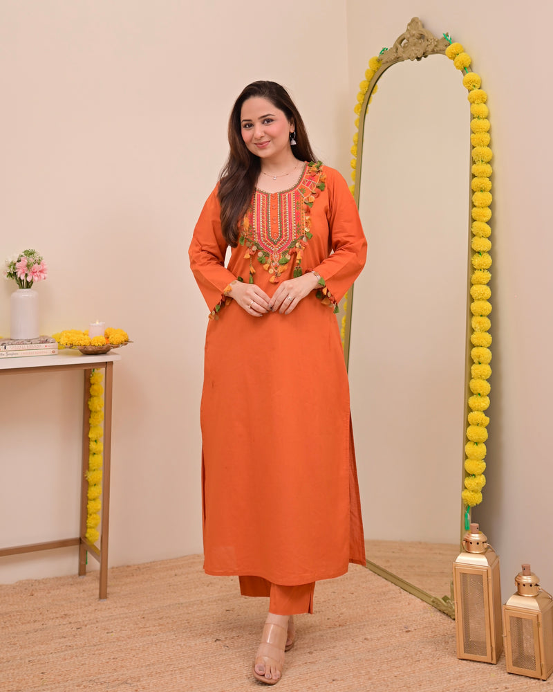 Orange Threadwork Tasseled Cotton Kurta Set