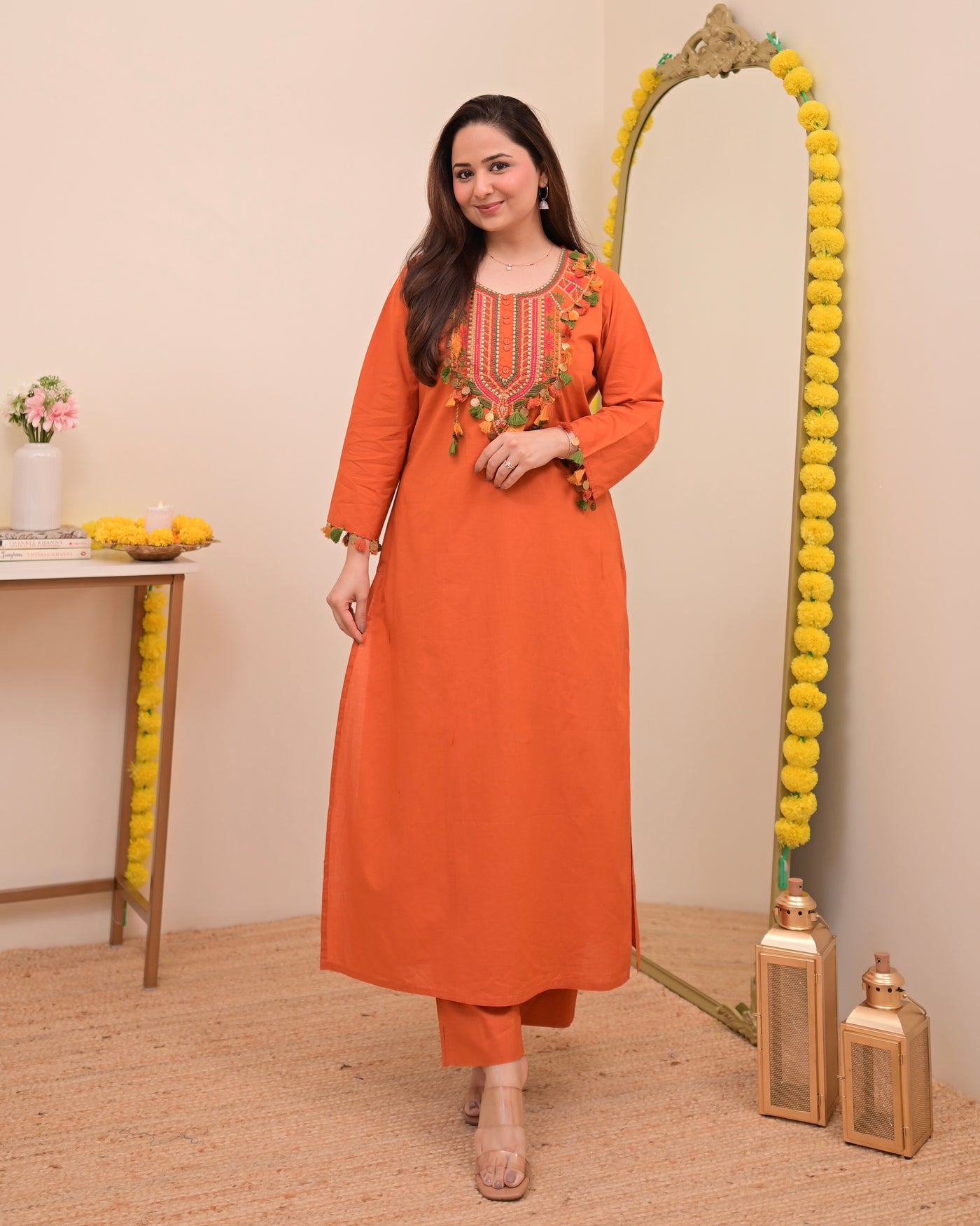 Orange Threadwork Tasseled Cotton Kurta Set