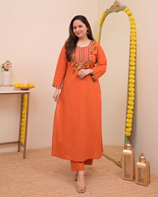Orange Threadwork Tasseled Cotton Kurta Set