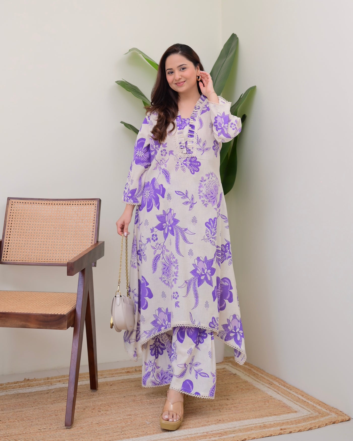 Purple Floral A Line Cotton Kurta Set