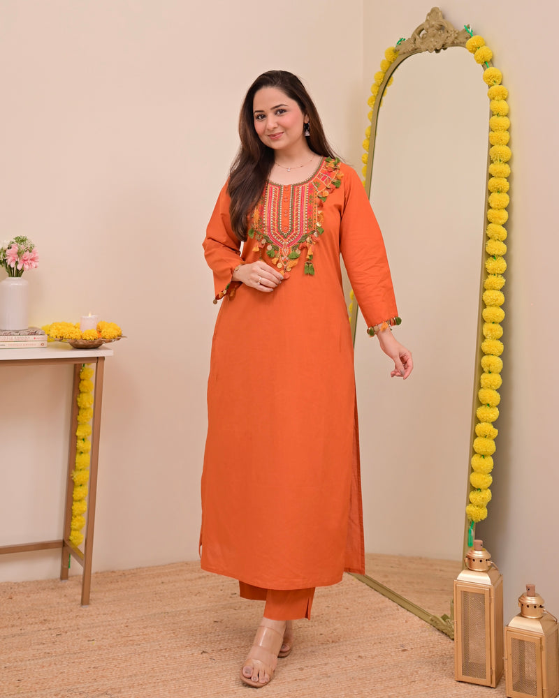 Orange Threadwork Tasseled Cotton Kurta Set